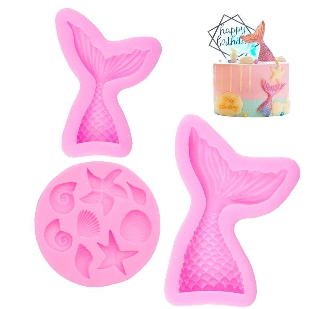 Mermaid Theme Cake Mold,Mermaid,Seashell,Coral,Starfish Silicone Mold Cupcake Toppers Mold For Candy,Chocolate,Fondant,Polymer C
