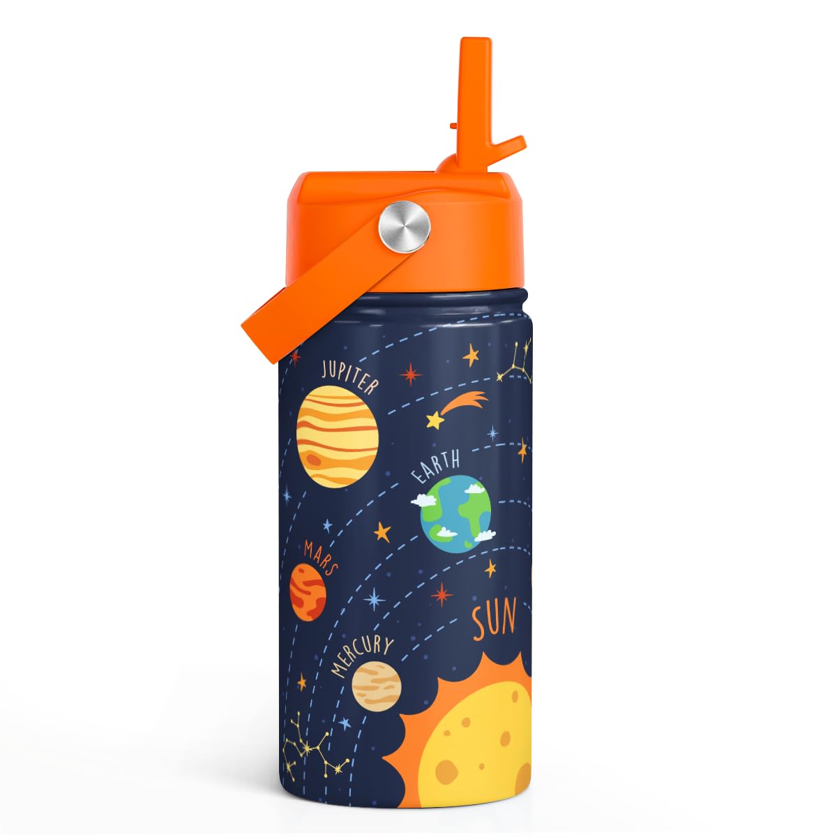 Solar System Kids Water Bottle With Straw Lid 12oz Insulated Stainless Steel, Travel Tumbler, Gifts For Boys, Birthday, Christma
