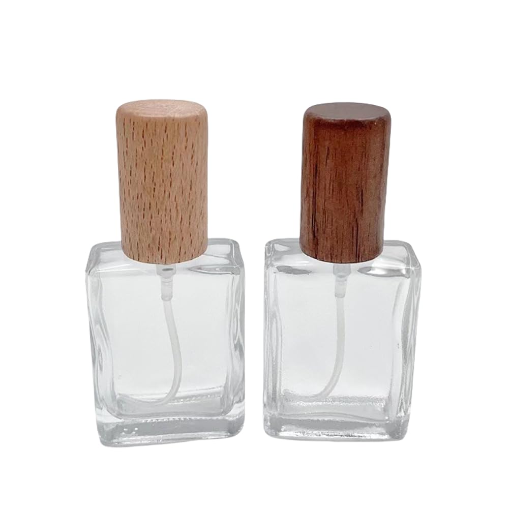 OHEETU 2Pcs 15ML/0.5OZ Empty Clear Glass Perfume Spray Bottles with Wood Grain Lids Mini Perfumes Essential Oils Dispensers Repl