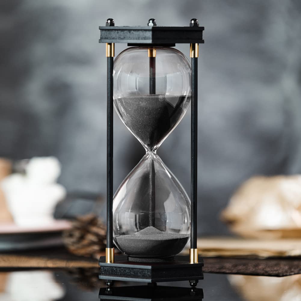 Large Hourglass Timer 60 Minute, Decorative Hexagon Frame Sandglass With Black Sand