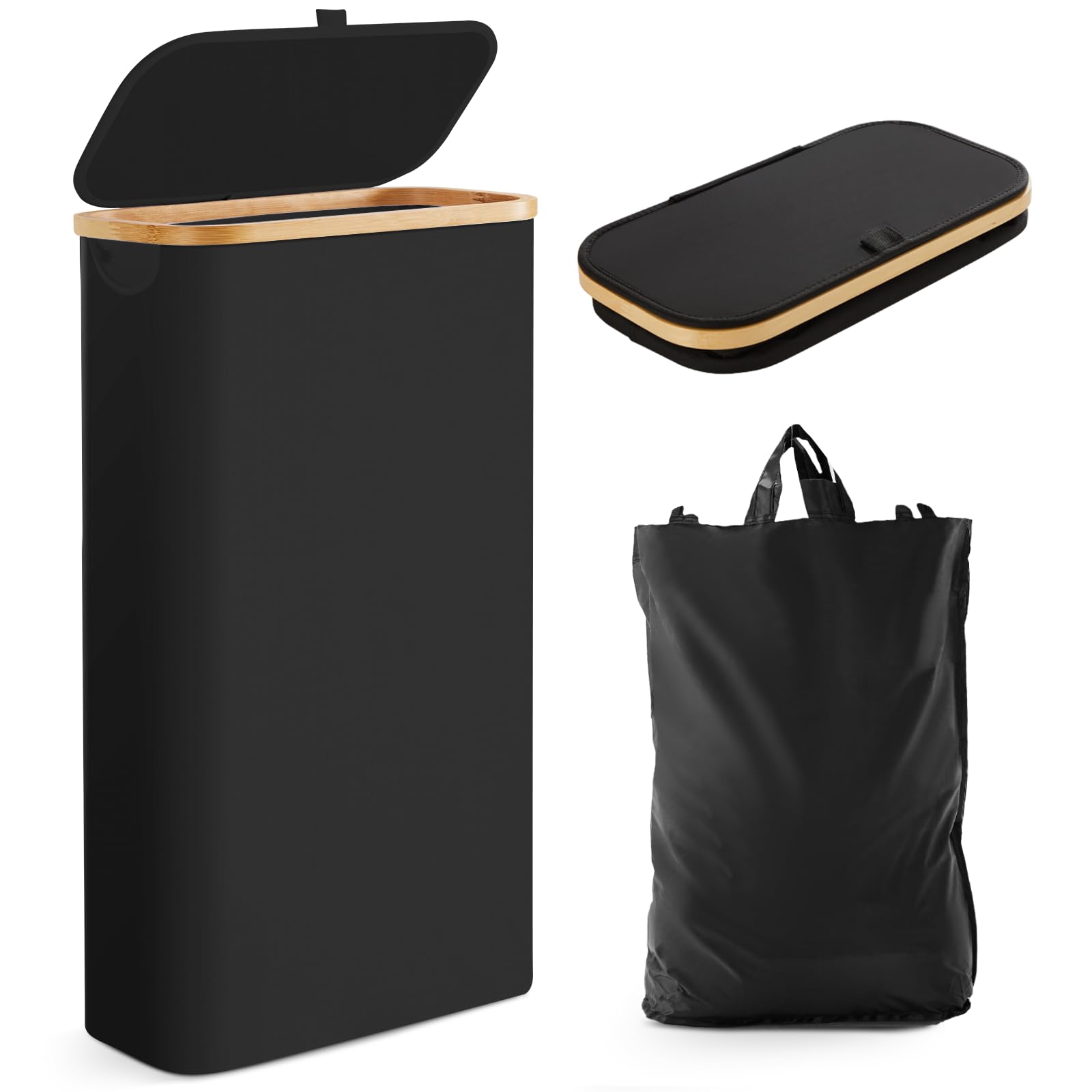 Fiona'S Magic Slim Laundry Hamper With Lid, 63L Narrow Laundry Basket With Removable Bag, Black Collapsible Dirty Clothes Basket