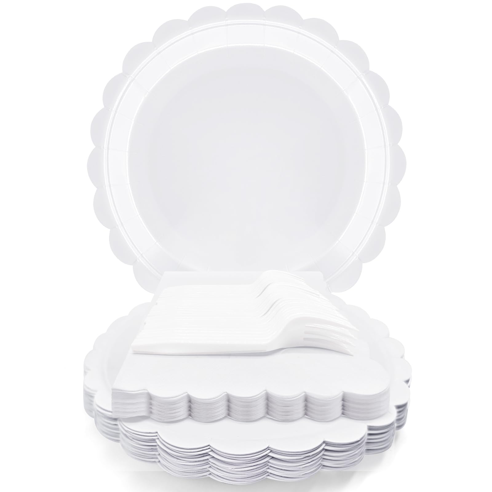 WYQJHKV White Paper Plates and Napkins,7 Inch White Scalloped Disposable Dessert Plates Paper Napkin Fork Party Supplies for Wed