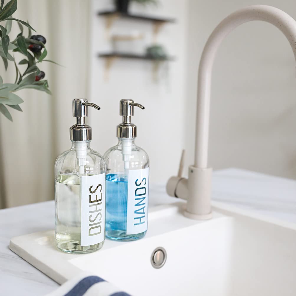 Jasai 2Pack 18Oz Glass Soap Dispenser With Rustproof 304 Stainless Steel Pump, Kitchen Soap Dispenser With Hands & Dishes Label,