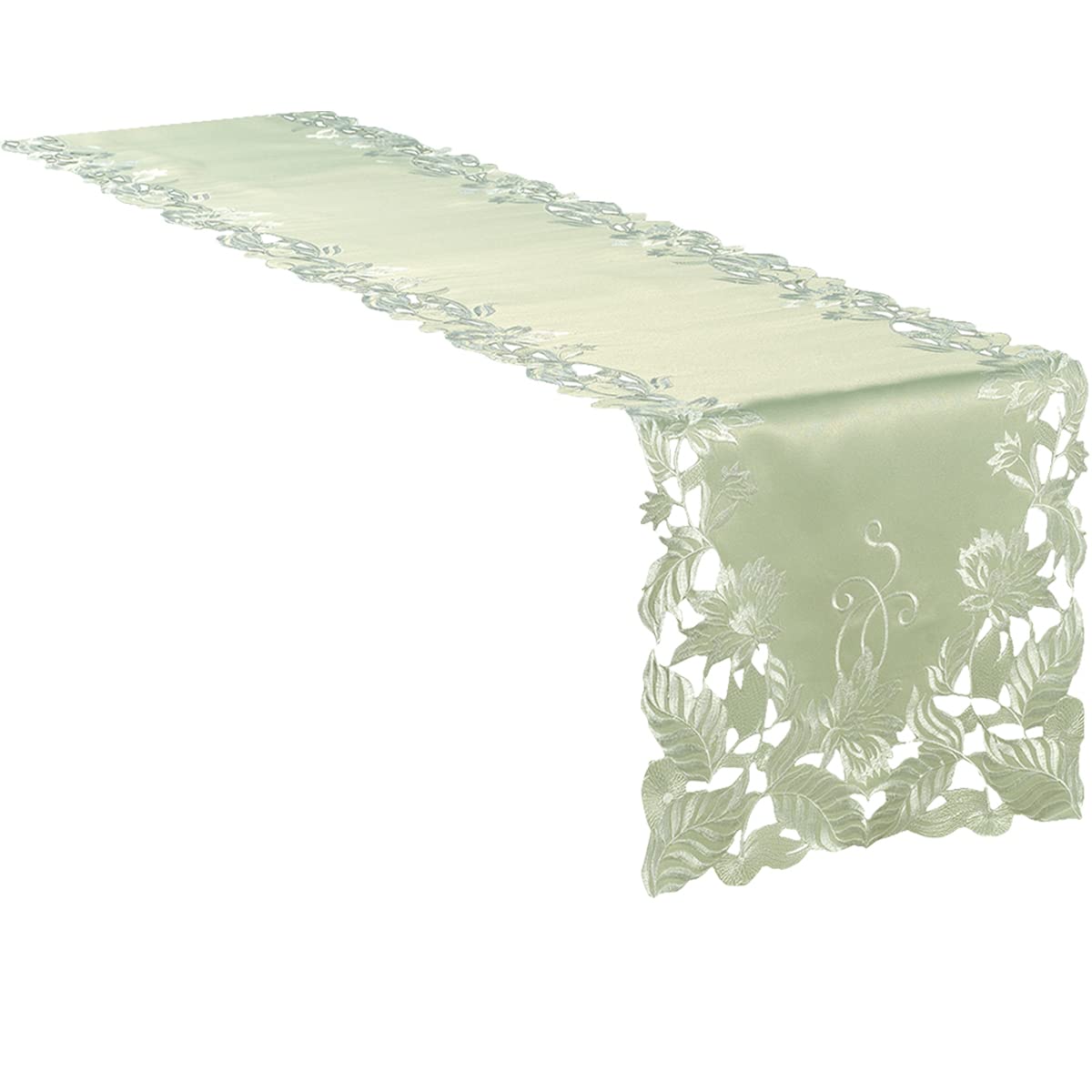 Light Green Table Runner - Lace Linen Dresser Scarf European Embroidery - Perfect For Kitchen Dining Room Home Decor Wedding Rec