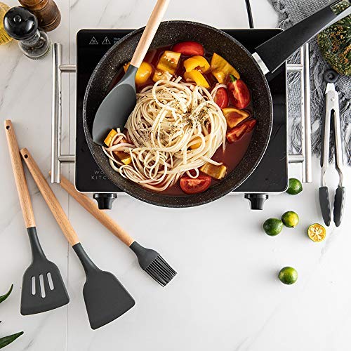 Cooking Utensils Silicone Kitchen Set - Heat Resistant Kitchen Tools Wooden Handle Spoons Kitchen Utensil Set With Holder Spatul