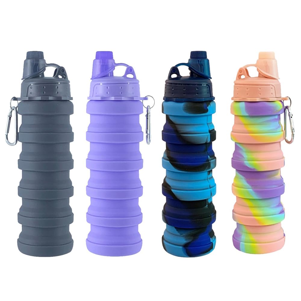 Dontinhu Collapsible Water Bottles 4 Pack 500ml (Grey+Purple+Blue+Pink)