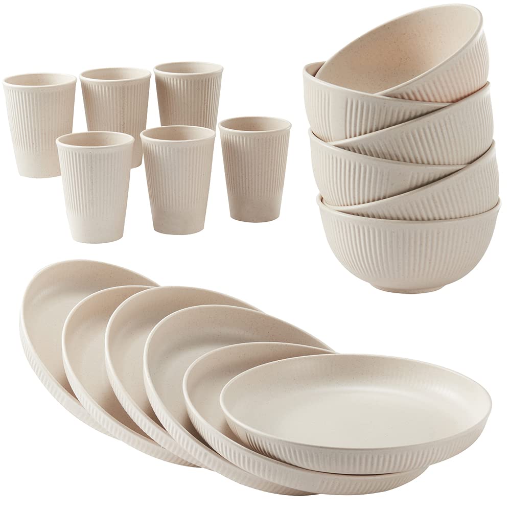 18pcs Wheat Straw Dinnerware Sets HXYPN Unbreakable Reusable Dinnerware Set Kitchen Cups Plates and Bowls Sets Dishwasher Microw