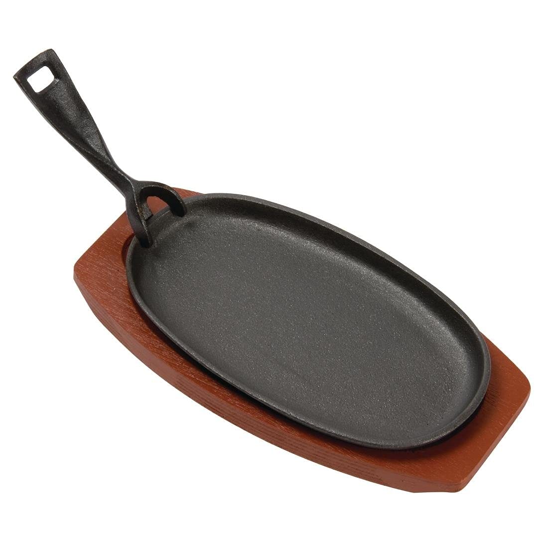 Vogue F464 Olympia Cast Iron Oval Sizzler With Wooden Stand Serving Dish, Black, 240(W) X 140(D) Mm