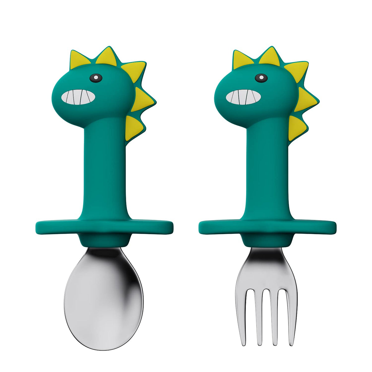 SFCCMM Toddler Utensils Stainless Steel Forks and Spoons Safe Children 's Cutlery Set Handle Cartoon Cute for Baby (Green Dinosa