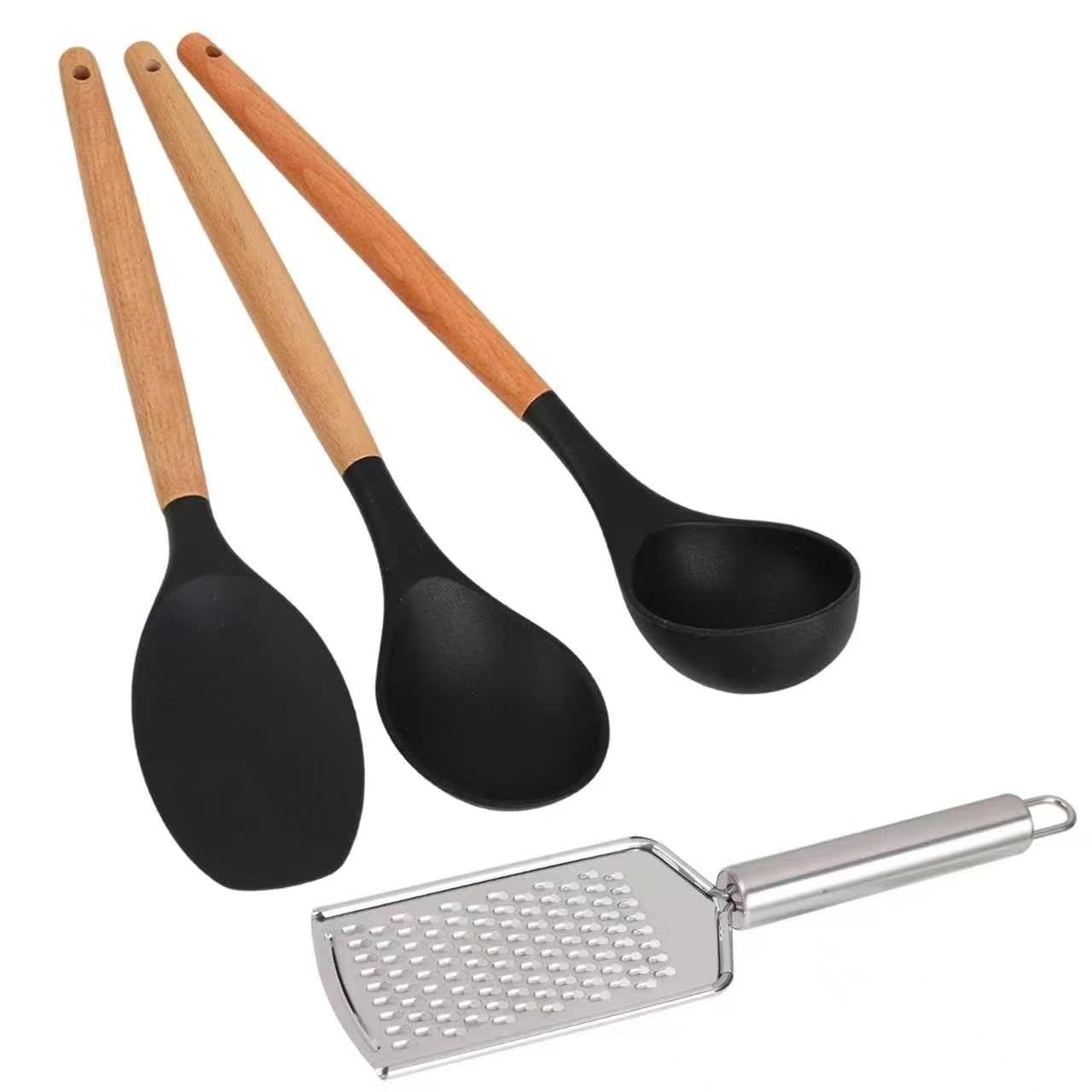 4Piece Set,3 Silicone Cooking Spoons,1 Grater, Kitchen Utensils,Black