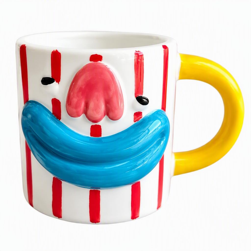 VABILNIY Funny 3D Big Blue Lips Ceramic Coffee Mug, Novelty Striped Goofy Face Mug with Yellow Handle, Cute Weird Face Tea Cup, 