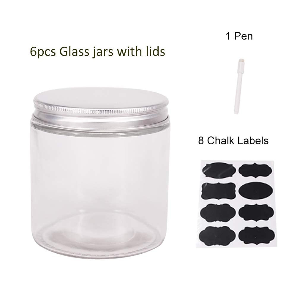 Bpfy 6 Pack 16 Oz Glass Jars With Lids, 8 Chalk Labels, 1 Pen, Food Storage Jars, Glass Kitchen Canisters Cabinet, Pantry Organi