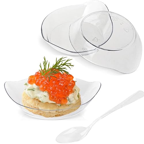 TOFLEN 100ct 1 oz Mini Dessert Plates with Tasting Spoons - Reusable Clear Plastic Party Serving Trays Mini Plates for Appetizers  Chocolates  Ice Cream  Fruit and More