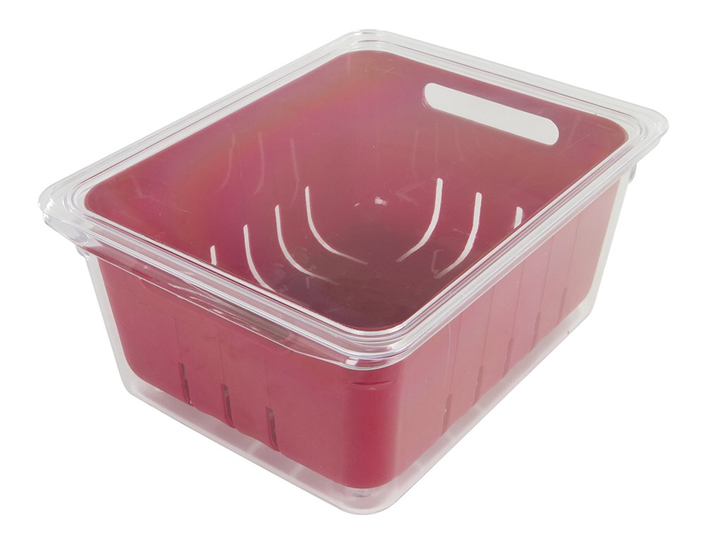 Kitchen Spaces KSCB12-AMZ Colander Bin Stackable Food Storage Organizer for Fridge  Freezer  and Pantry  8.8'' x 6.8'' x 3.9''  Red & Clear