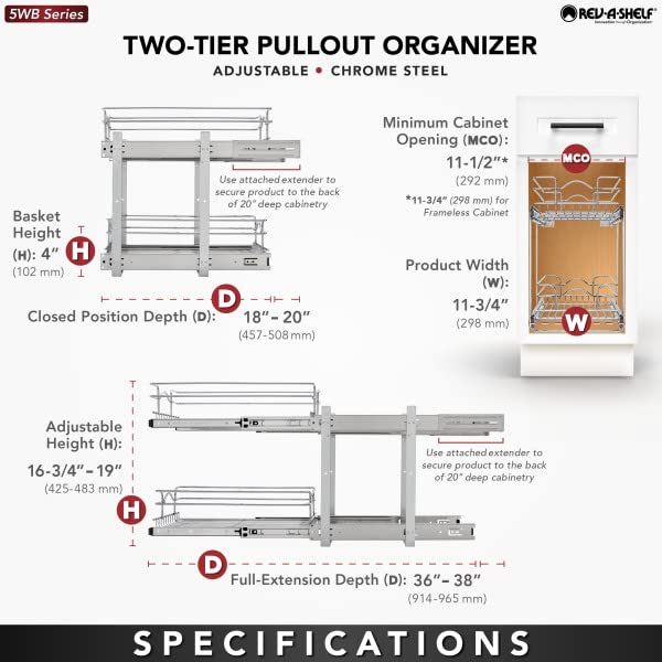 Rev-A-Shelf 2-Tier Kitchen Cabinet Pullout Shelf And Drawer Organizer Slide Out Pantry Storage Basket In Multiple Sizes, 12 X 18