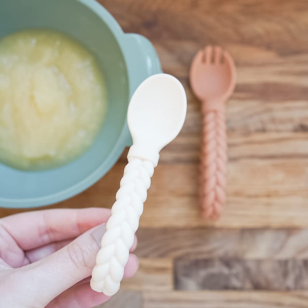 Itzy Ritzy Silicone Spoon & Fork Set; Baby Utensil Set Features A Fork and Spoon with Looped, Braided Handles; Made of 100% Food