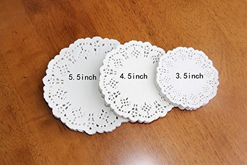 DECORA 180 Pieces White Round Paper Lace Doilies for Birthday Party and Wedding Tablewear Decoration 3.5inch 4.5inch 5.5inch