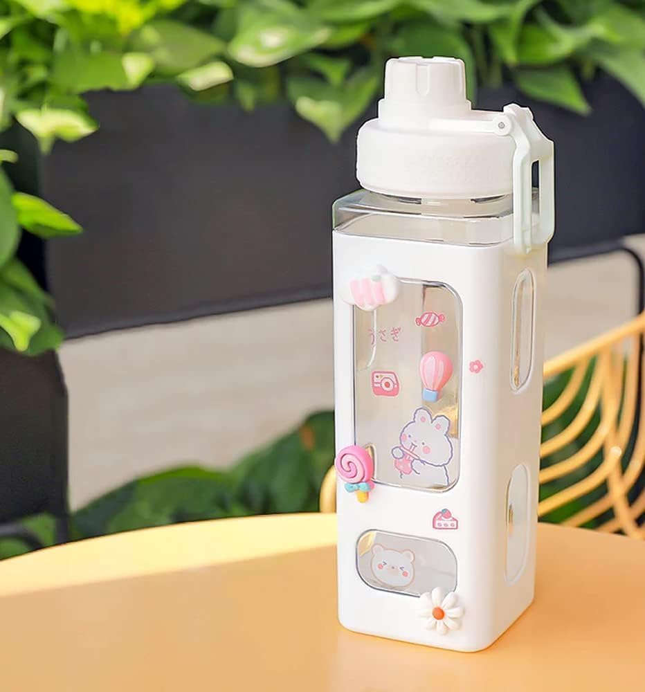 Sss Enterprise Kawaii Bear Water Bottle With Straw & Stickers  700Ml Cute Square BpaFree Plastic Drinking Bottle For Girls | P
