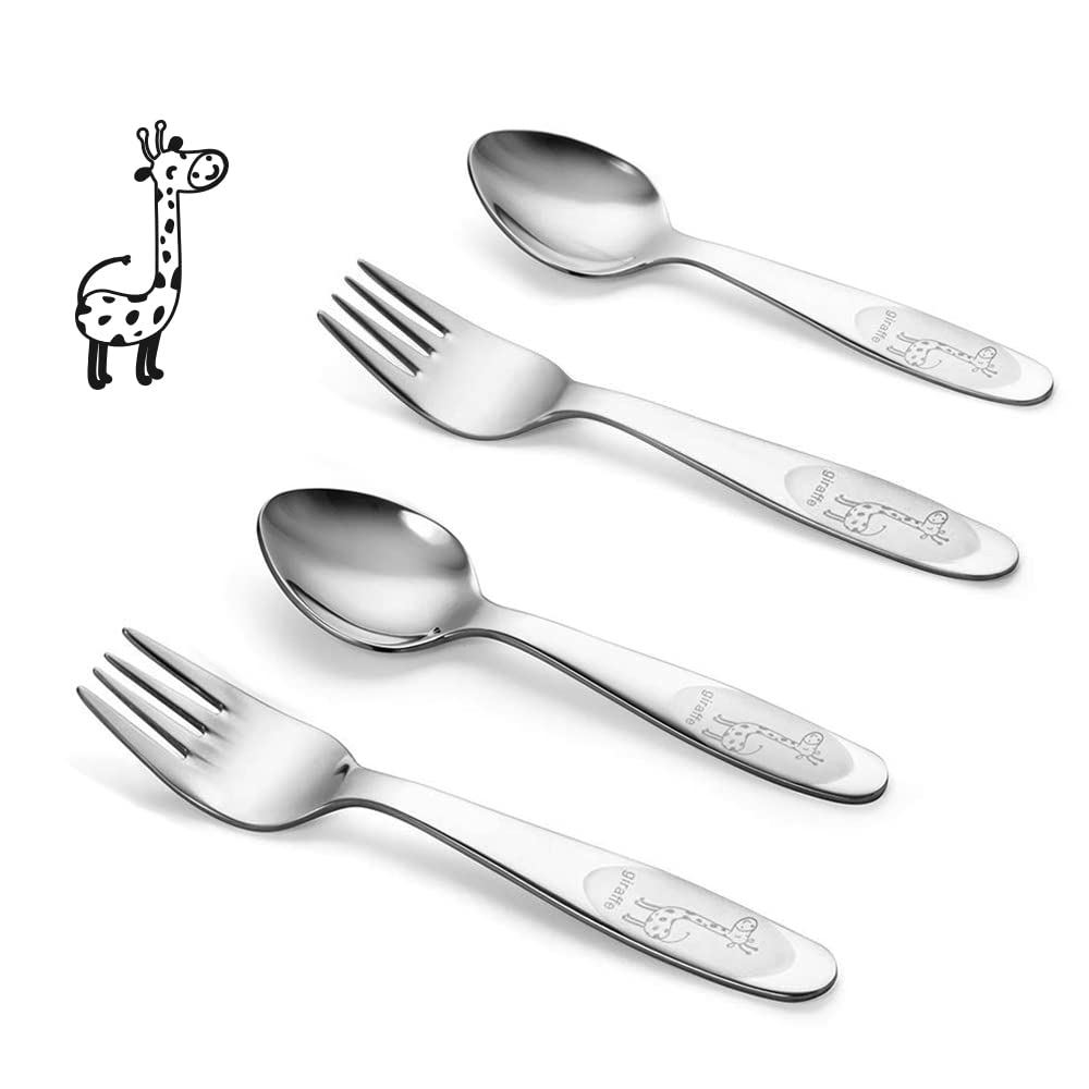 FUNNUO 4 Piece Toddler Utensils, Stainless Steel Toddler Forks and Spoons, Safe Kid Silverware Set for Self Feeding, Children Fl