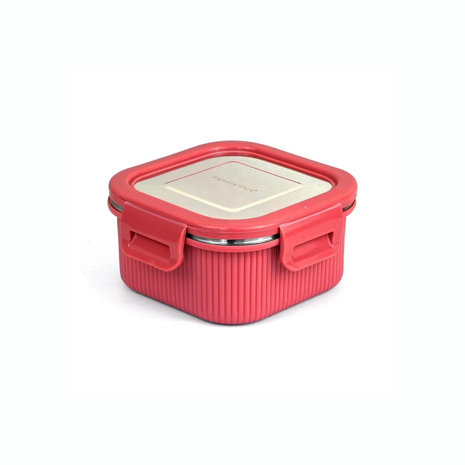 Signoraware Lock N Store Microsafe Stainless Steel Square Container With Steel Lid,(400Ml, Red), Airtight & Leakproof Lid, Micro