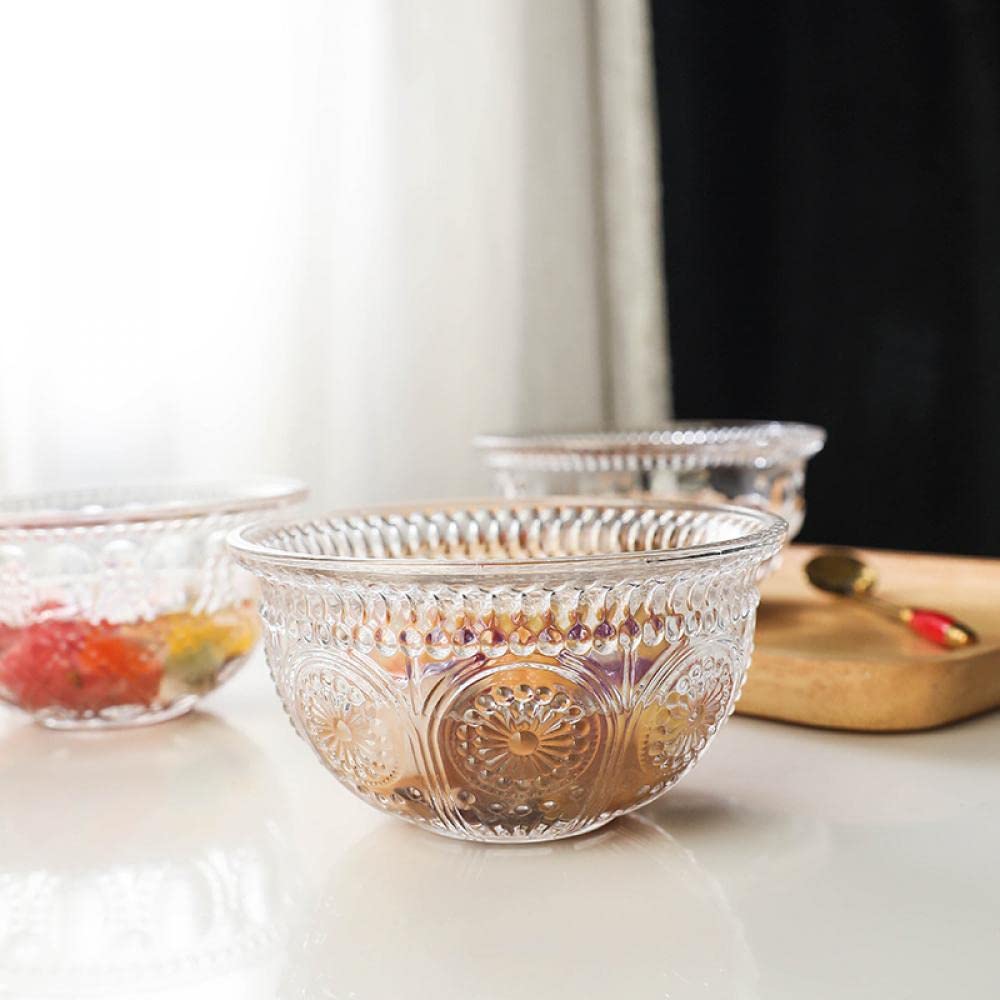 Sizikato 4Pcs Embossed Glass Dessert Bowl, 13Oz Clear Glass Snack Bowl, Salad Bowl