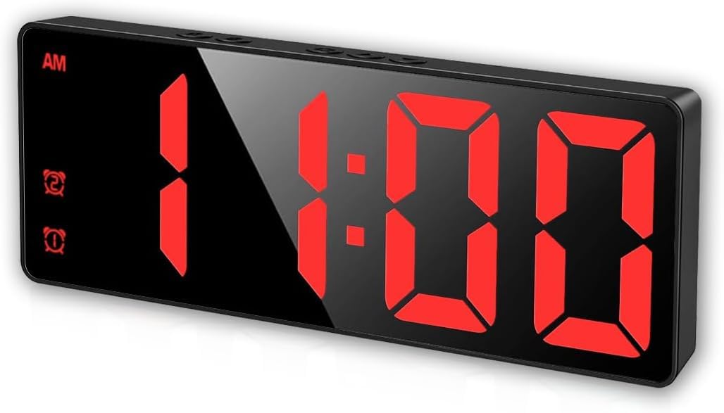 Knigswerk Digital Alarm Clock, Mirror Surface LED Electronic Clocks Large Display, Adjustable Brightness, Dual Power Supply, Sno