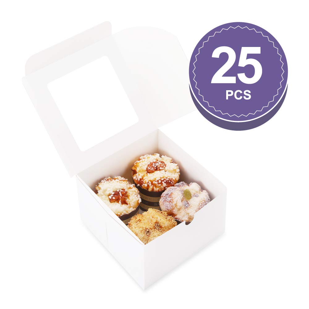 Bakipack 25 White Bakery Boxes With Window 5X5X3.5 Inches, Dessert Boxes To Go With Window, Treat Boxes For Small Bakery, Desser
