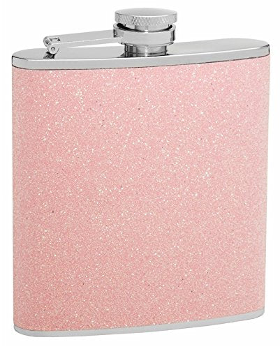 Glitter Hip Flask Holding 6 Oz - Sparkles In The Light Design - Pocket Size Stainless Steel Rustproof Screw-On Cap - Pink Finish