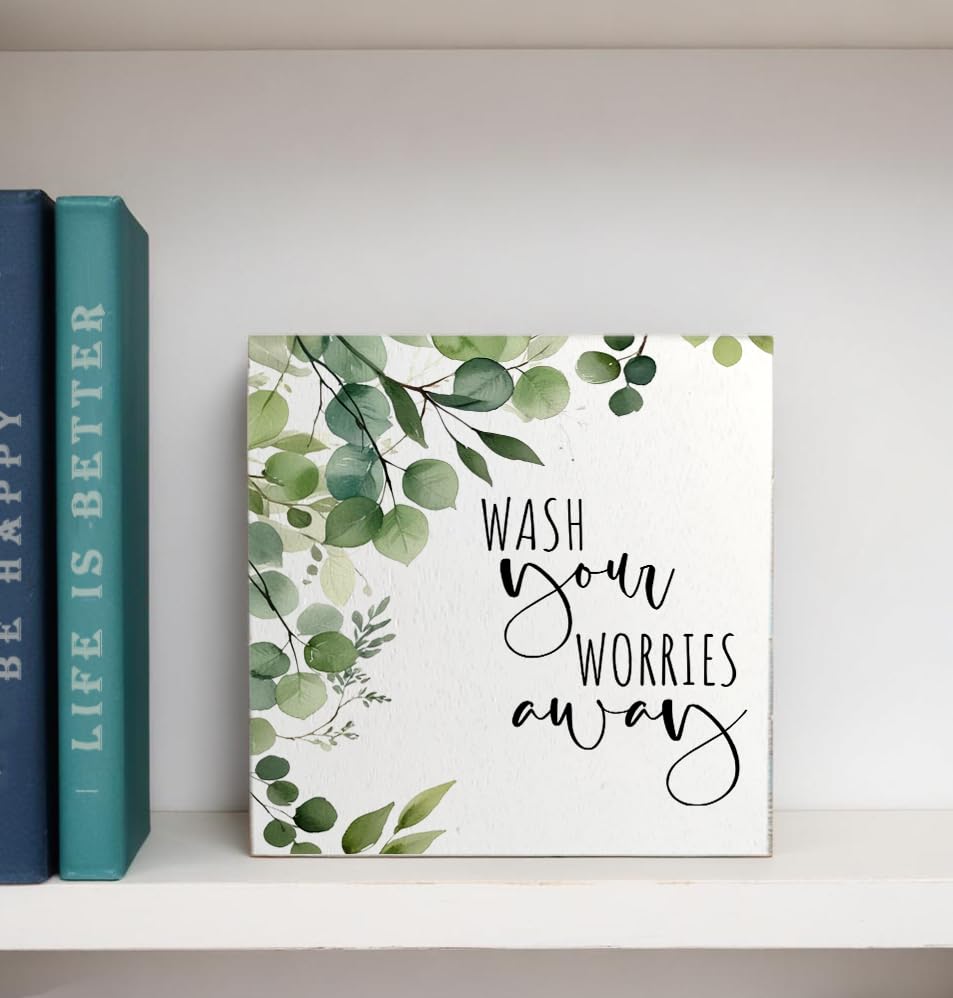 Wash Your Worries Away Funny Bathroom Wooden Box Sign, Eucalyptus Botanical Wood Signs for Restroom Bathroom Toilet Half Bath Sh