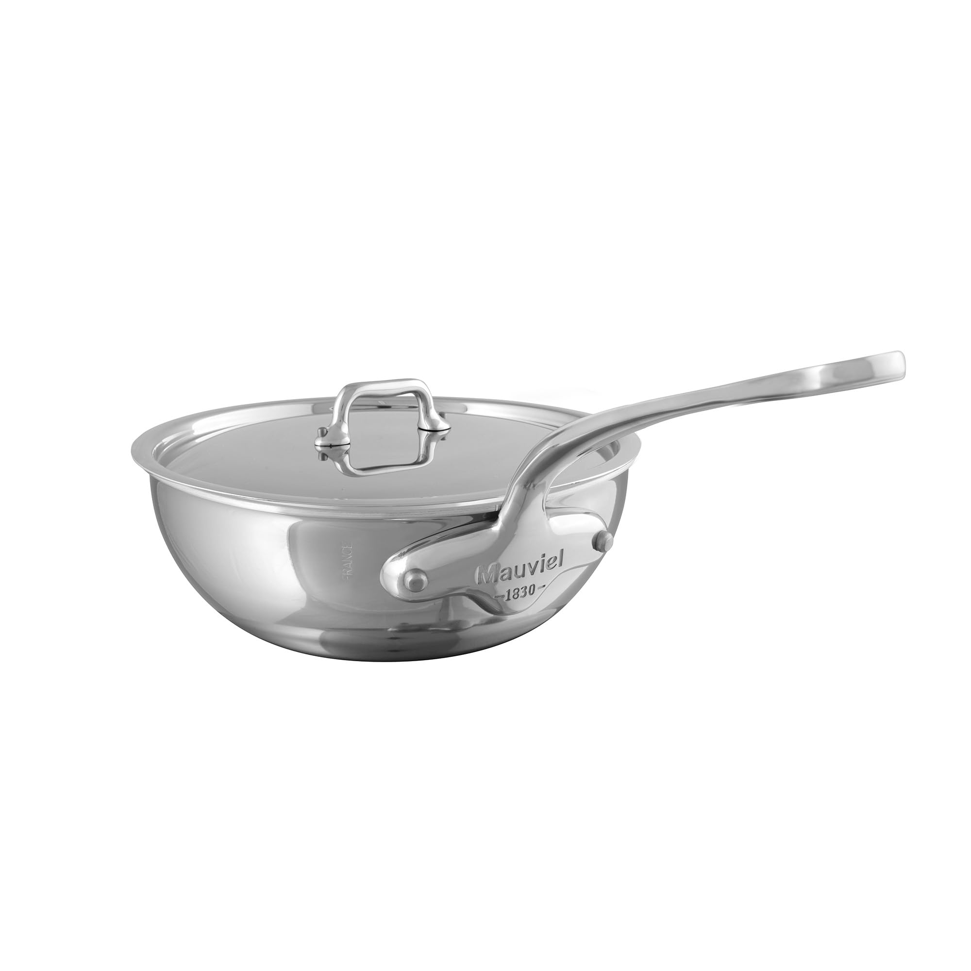 Mauviel MUrban 4 TriPly Polished Stainless Steel Chef Pan With Lid And Cast Stainless Steel Handle, 2.1Qt, Made In France