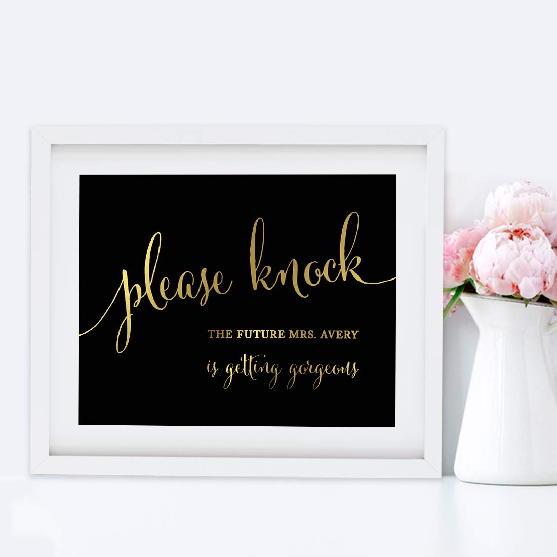 Andaz Press Personalized Wedding Party Signs, Black And Metallic Gold Ink, 8.5X11-Inch Wall Art, Poster, Gift, Please Knock The