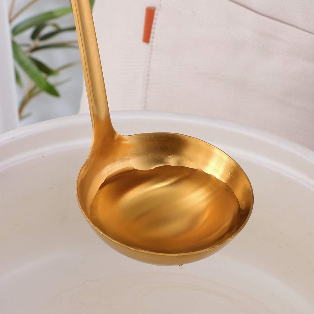2 Pieces Gold Metal Soup Ladle Colander Set, Long Handle Stainless Steel Kitchenware Cookware Serving Spoon Cooking Utensil For