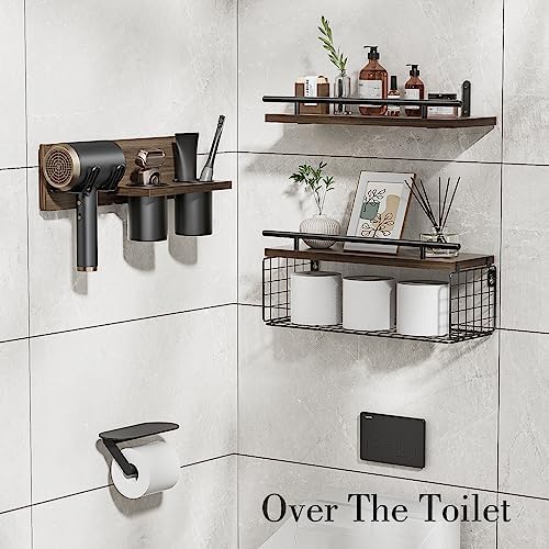 Roledes Bathroom Floating Shelves With Hair Dryer Holder - Wall Mounted Wood Wall Shelf With Blow Dryer Storage Over The Toilet