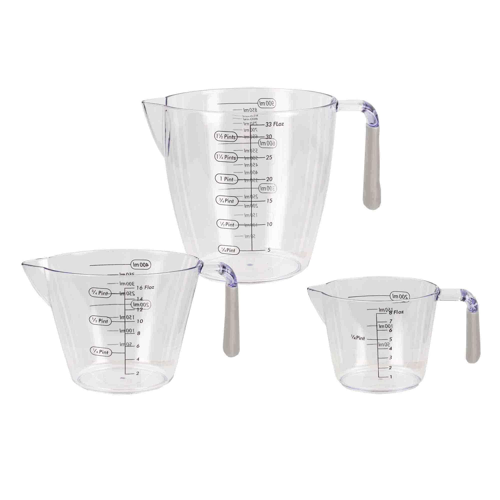 Home Basics 3 Piece Plastic Measuring Cup Set With Rubber Grip Handles, Clear