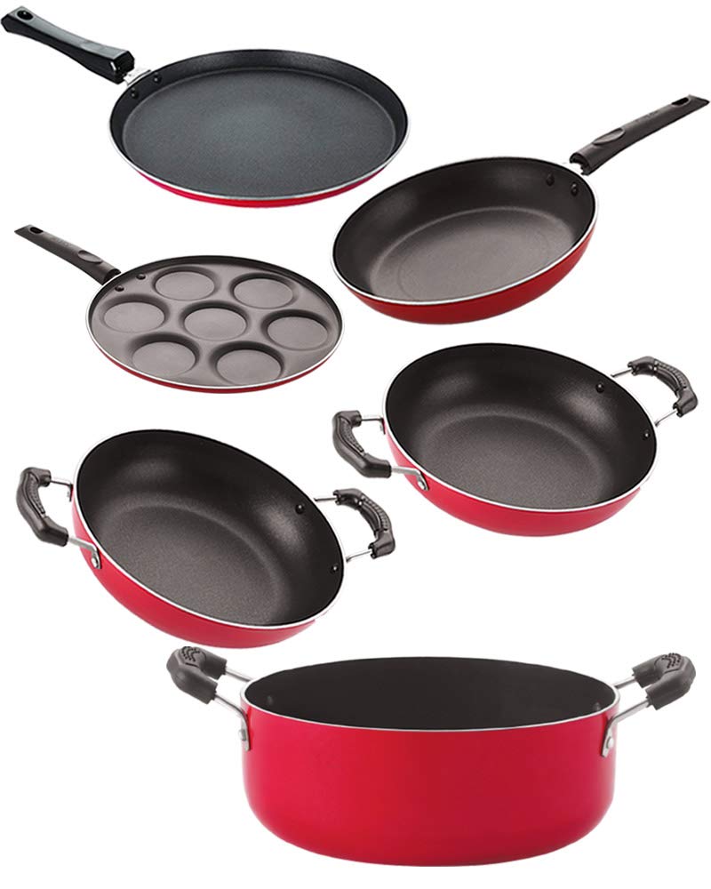 Nirlon Non Stick Pfoa Free Scratch Resistant Coating Cookware Set Of 6 Pieces (2.6Mm_Ft13_Kd12_Kd13_Tp_Cass20_Up7)