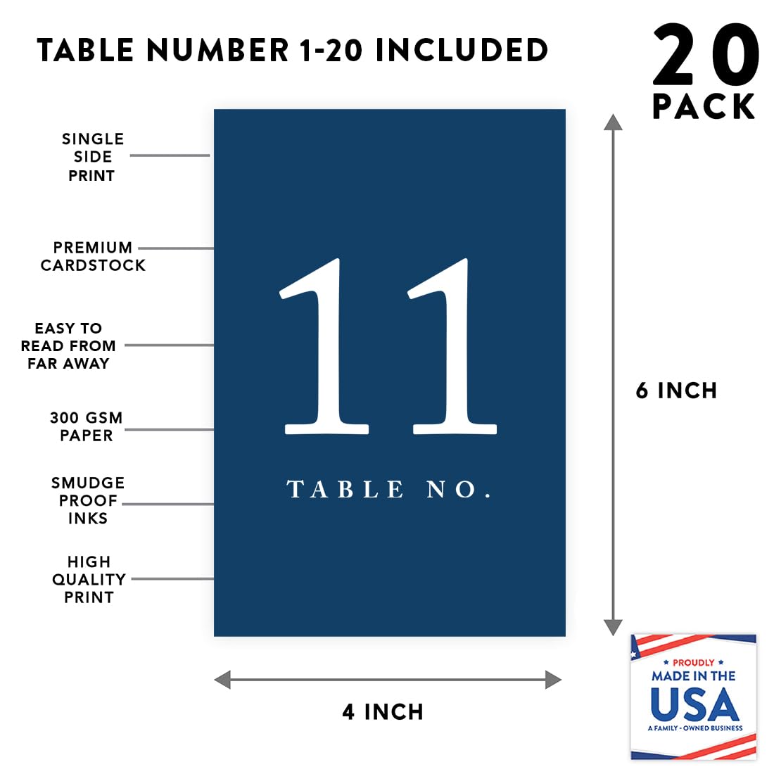 Andaz Press Table Numbers 1-20 On Perforated Paper, Navy Blue, 4X6-Inch Single Sided Sign, 1-Set, Graduation Table Numbers For W