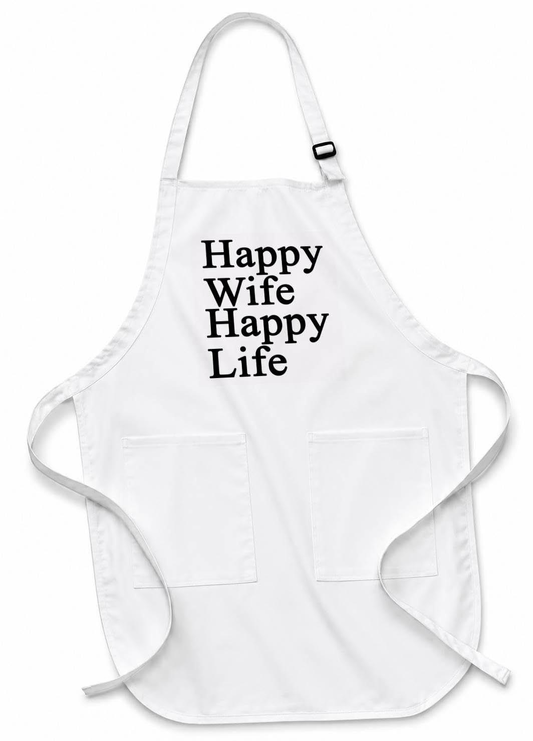 3Drose Happy Wife Happy Life Black  Medium Length Apron, 22 By 24Inch, With Pouch Pockets (Apr_218585_2)