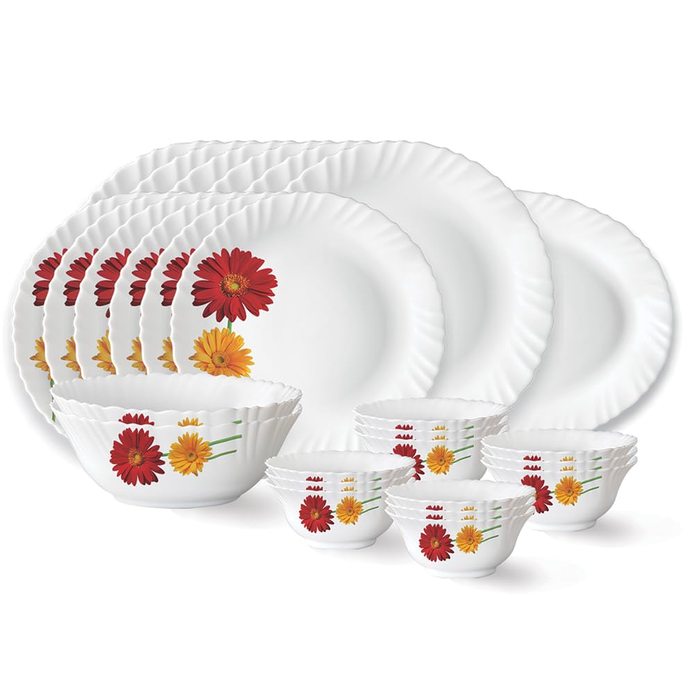 Larah By Borosil Zinnia Fluted Series Opalware Dinner Set | 27 Pieces For Family Of 6 | Microwave & Dishwasher Safe | BoneAsh F