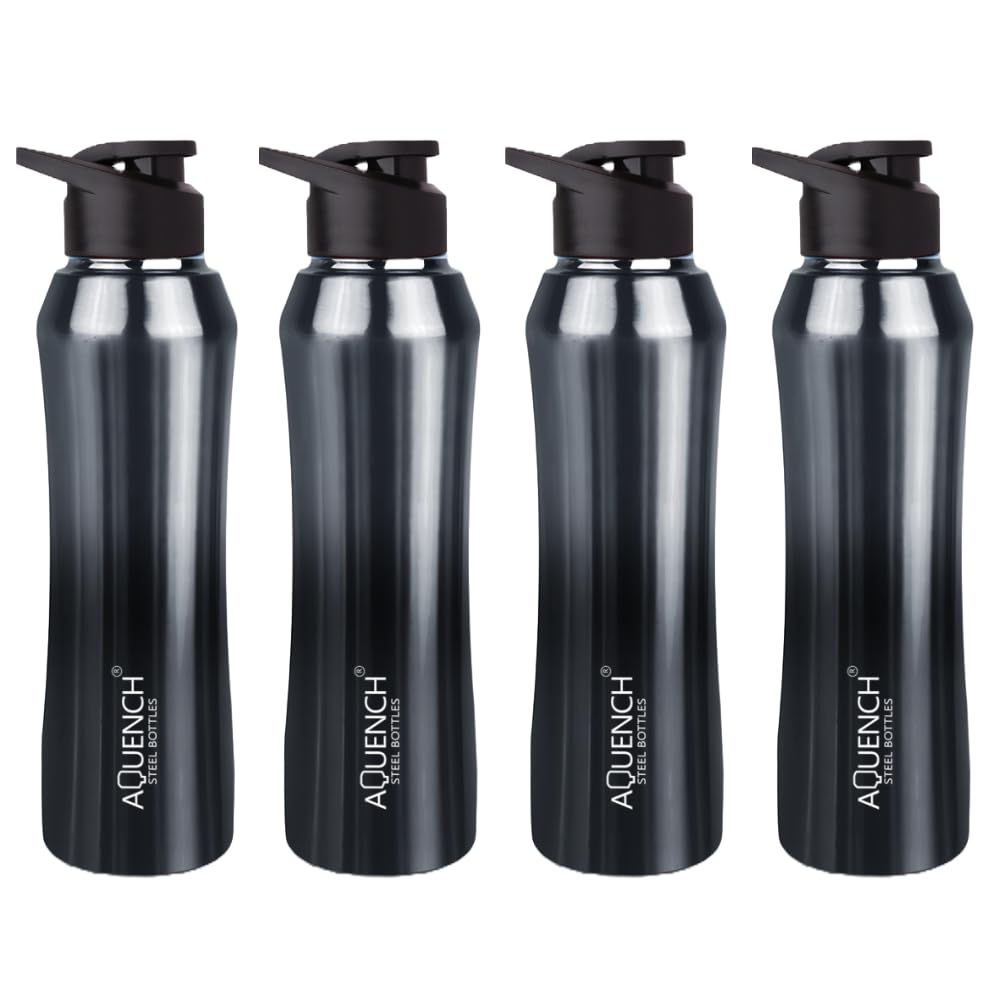 Aquench Stainless Steel Water Bottle, 1 Litre Capacity, Turquoise Gradient, Leak-Proof Sipper Cap (Pack Of 4, Black Grey)