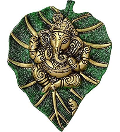 Shri Ganesh God Idol On Peepal Leaf Wall Hanging Statue (6X8 Inch,) (Green)