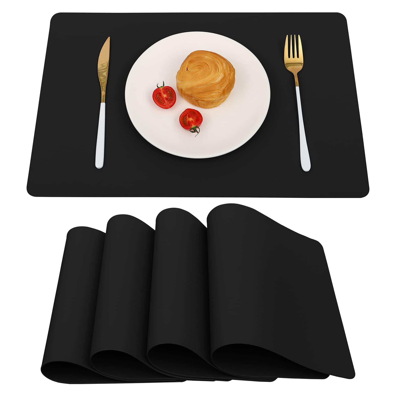 Vinjiasin Black Leather Placemats For Dining Table Set Of 4, Waterproof Wipeable Placemats, Heat Resistant Non Slip Rectangle In