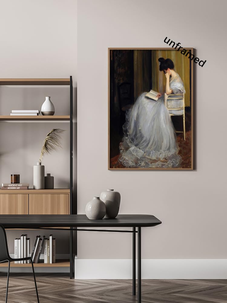 uoyien Vintage French Canvas Wall Art - Woman Reading Portrait, 16x24in Unframed, Off-white, Dark Academia Aesthetic Decor