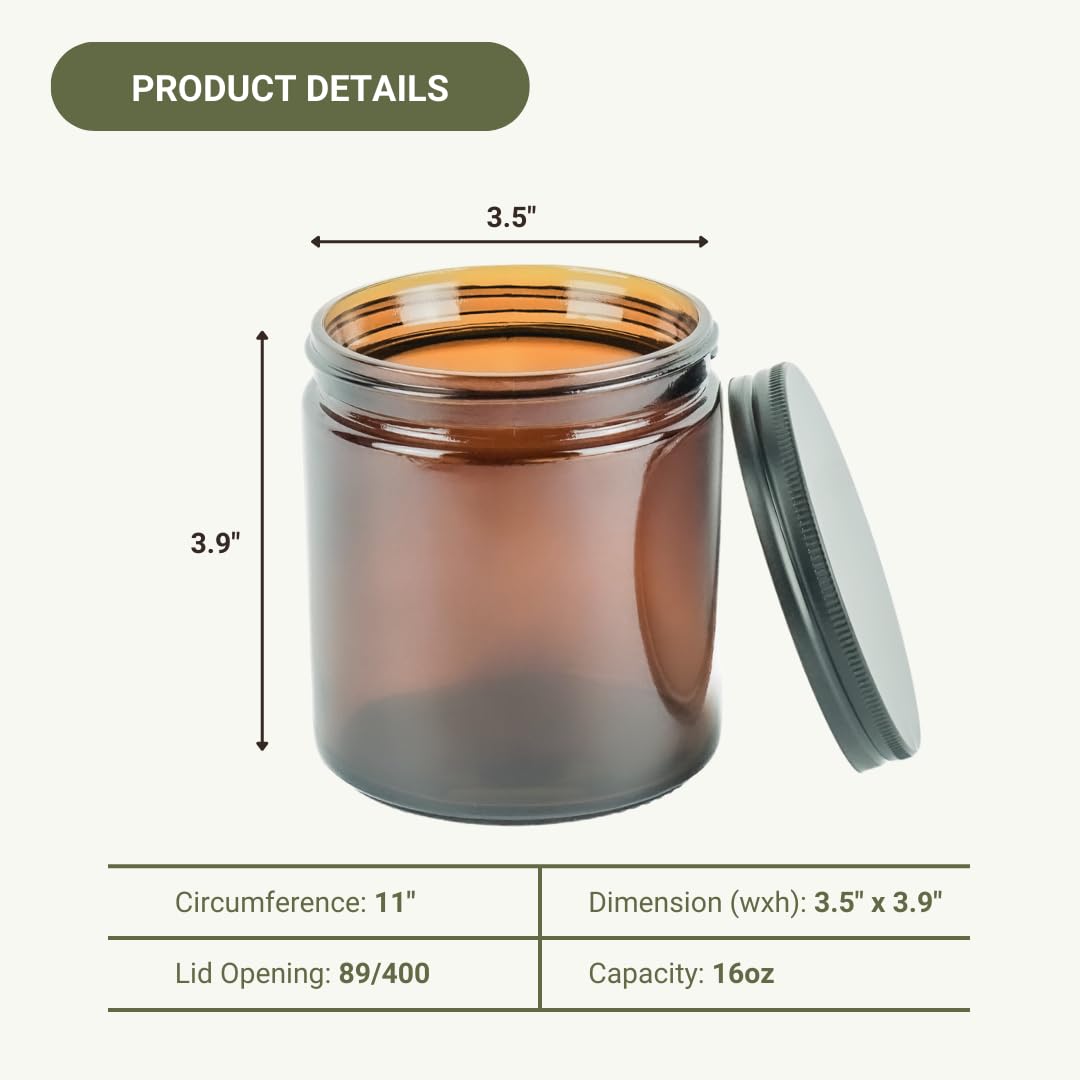 Nature Packaged Glass Amber 16Oz Jar - 12 Packs, Empty Round Jars For Beauty Products, Lotion, And Powders - Black Lid - Small C