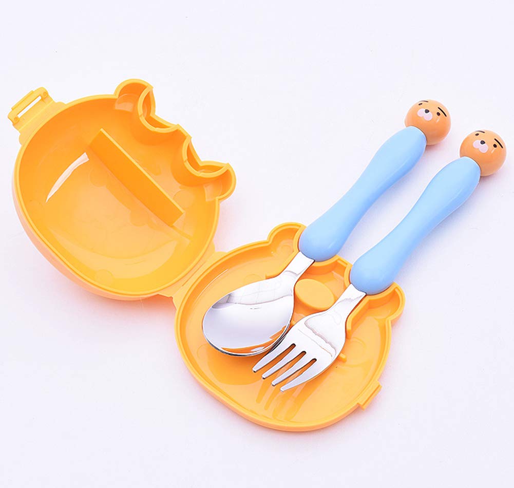 Kakao Friends - Cute Chracter Face All-in-one 304 Stainless Steel Spoon Fork Case Tableware Set for Kids, Blue (Ryan)