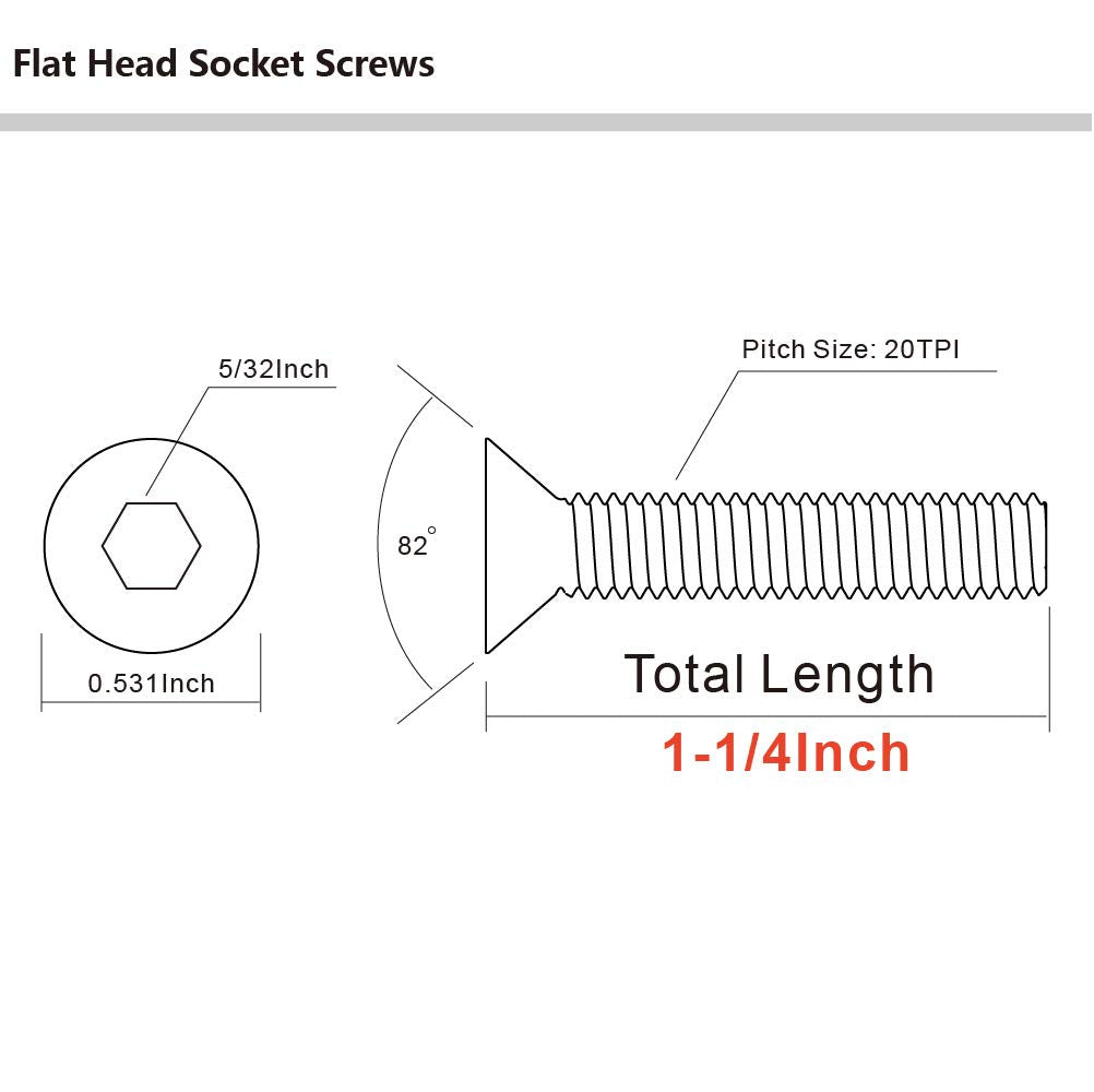 14-20 X 1-14 Flat Head Socket Cap Screws, Allen Socket Drive, Stainless Steel 18-8 (304), Full Thread, Bright Finish, 25 Pcs
