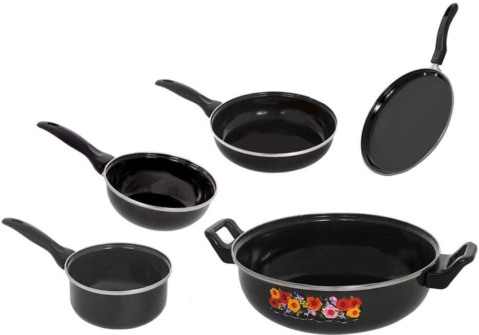 My Store Omega NonStick Enameled Iron Cookware Set  5Piece Set Includes Tawa | Kadhai | Fry Pan | Sauce Pan | Tadka Pan  Per