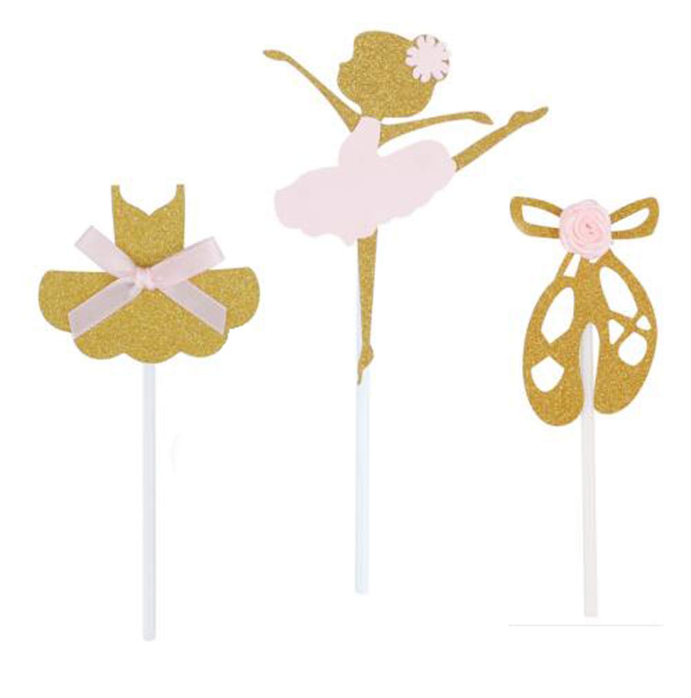 24 Pack Of Glitter Gold Ballerina Ballet Slippers Tutu Dress Girls Skirt Cupcake Toppers For Birthday Party Baby Shower Wedding
