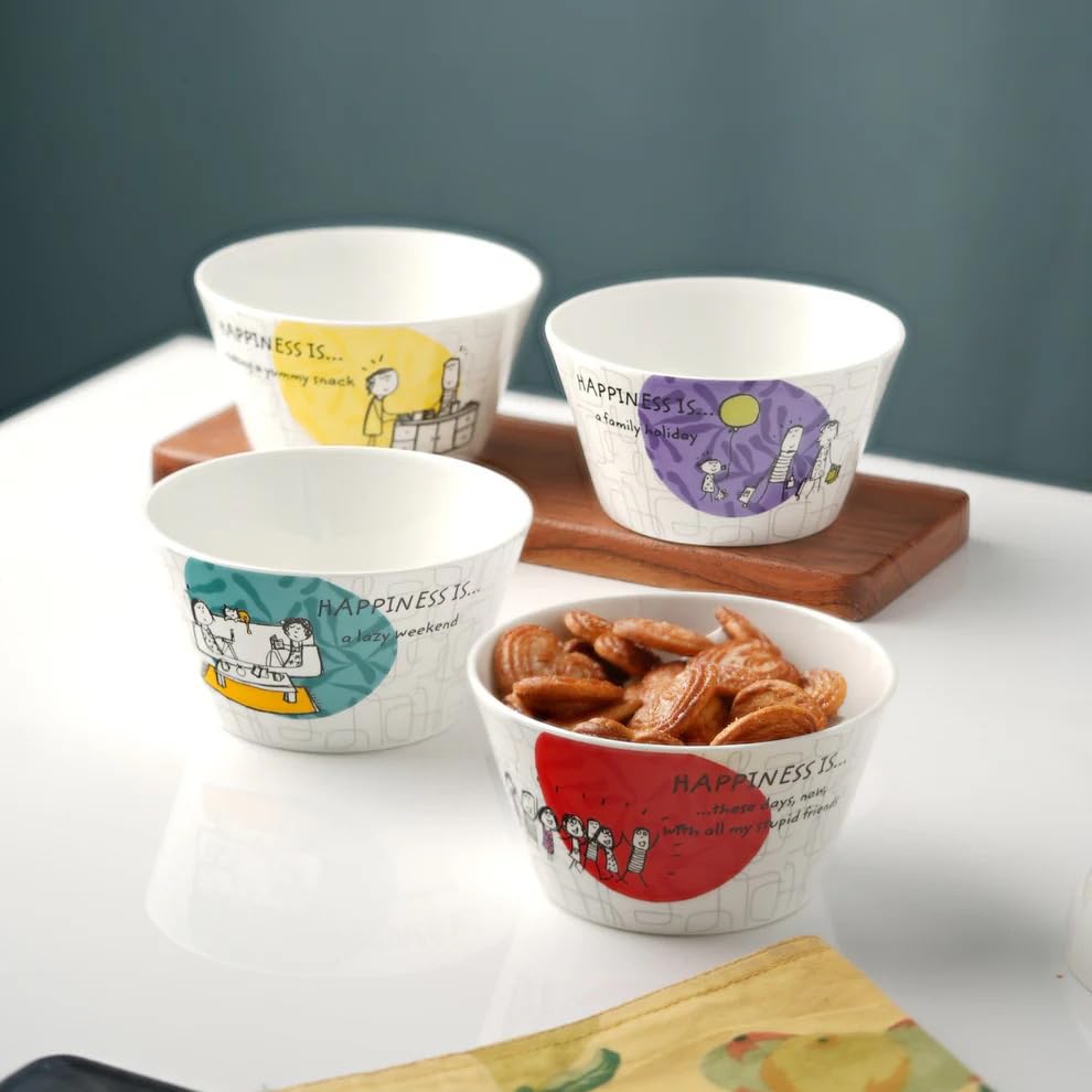 Clay Craft Fine Ceramic Happiness Is Nikko Delight Snack/Cereal Bowl, Set Of 4 Piece (Multicolor) 470Ml, Pasta, Fruits, And More