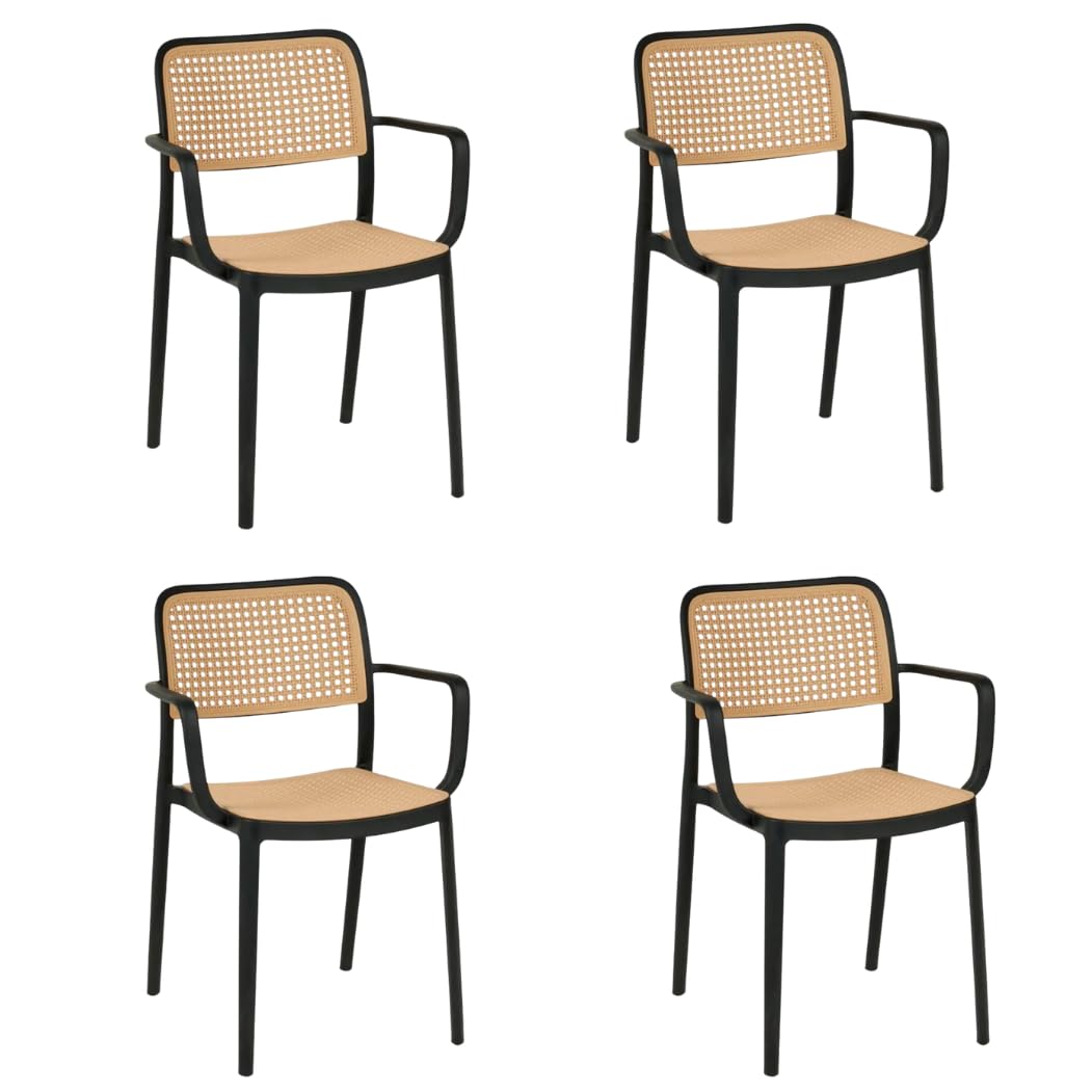 Creative Rattan Dining Chair With Arms, Black Frame And Cane Weave, Indoor Accent Chair With Woven Back And Seat (Pack Of 4)