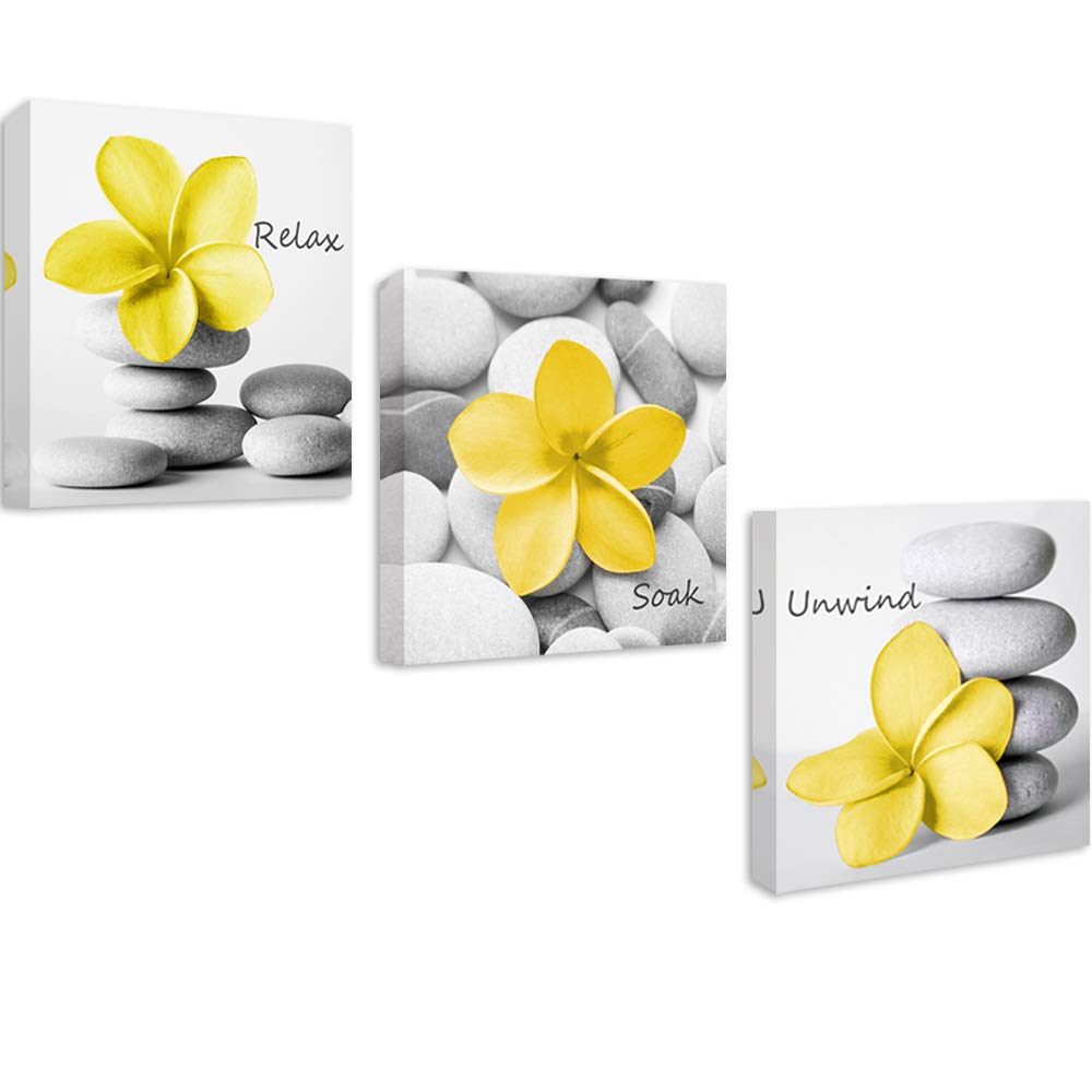 Genius Decor-Modern Yellow Gray Bathroom Wall Art Decor Zen Flowers Pictures Canvas Print Relax Soak Unwind Set Of 3 (Yellow Gra